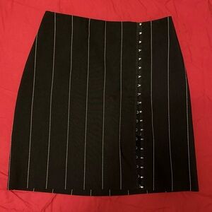 Black pinstripe wrap skirt with metal hook-and-eye closures